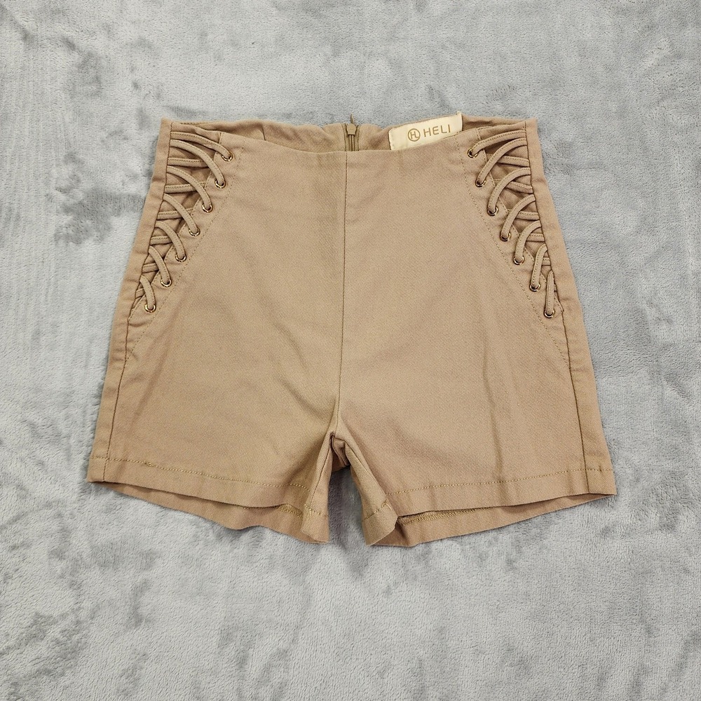 HELI Shorts Womens US L Beige High Waist Lace Up Twill Stretch Hot Pants Summer‎